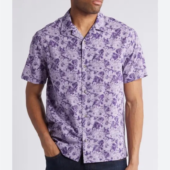 TravisMathew Phoning In Floral Camp Shirt Imperial Purple Short SleeveSz M
